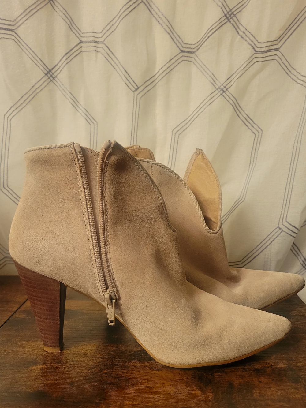 Suede Pointed-Toe Ankle Booties in Beige
